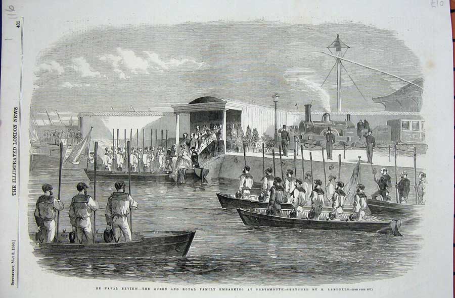 Original Old Antique Print 1856 Naval Review Queen Royal Family Portsmouth War
