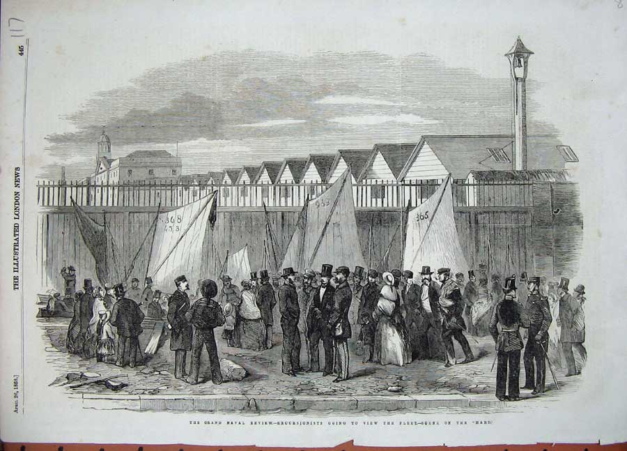 Original Old Antique Print 1856 Grand Naval Review Excursionists Hard Ship Art