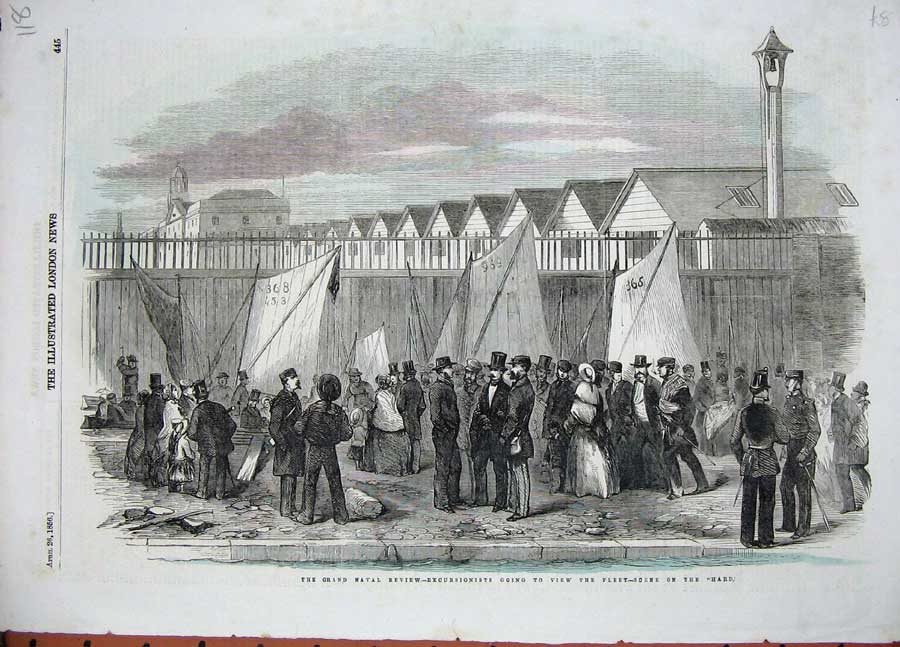 Old Antique Print Grand Naval Review Excursionists Ships Fleet Hard 1856 19th