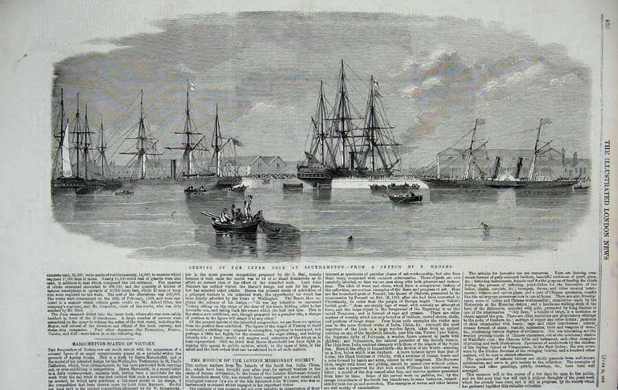 Old Antique Print 1859 Inner Dock Southampton Sailing War Ships Fine Art 19th