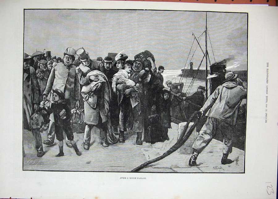 Original Old Antique Print 1883 Passengers Ship Stormy Sea Sailing Fine Art
