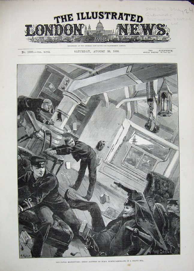 Old Antique Print 1890 Naval Manoeuvres Stern Battery Northumberland Ship 19th