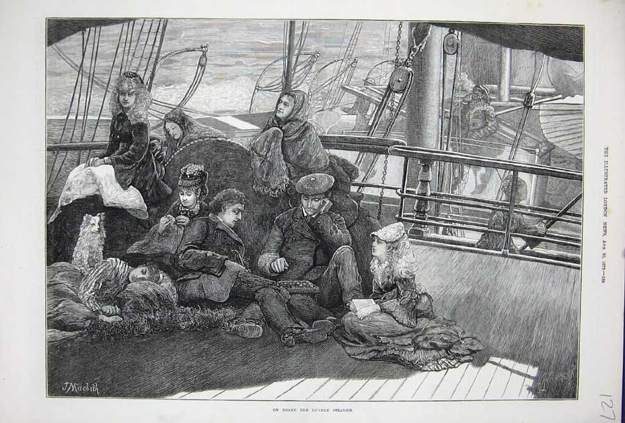 Original Old Antique Print Dundee Steamer 1873 Family Children Macbeth Fine Art
