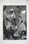 Original Old Antique Print Christmas Sea Ship Captains Pudding 1877 Little Girl
