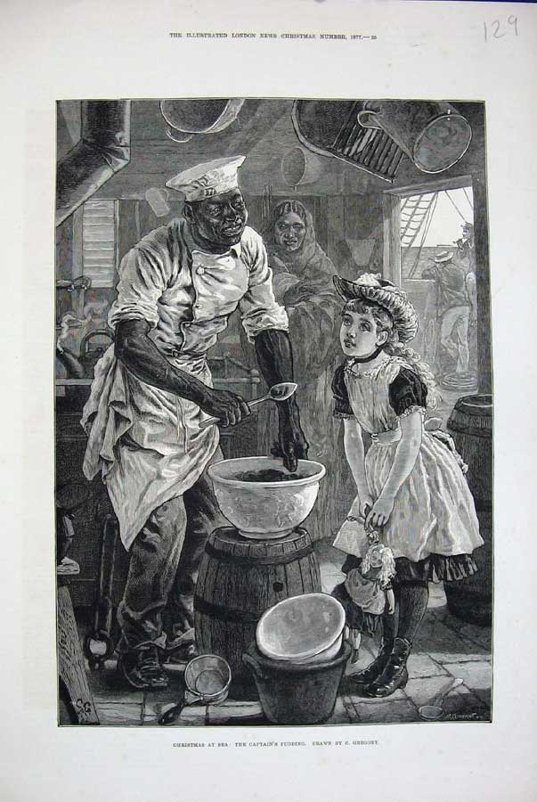 Original Old Antique Print Christmas Sea Ship Captains Pudding 1877 Little Girl