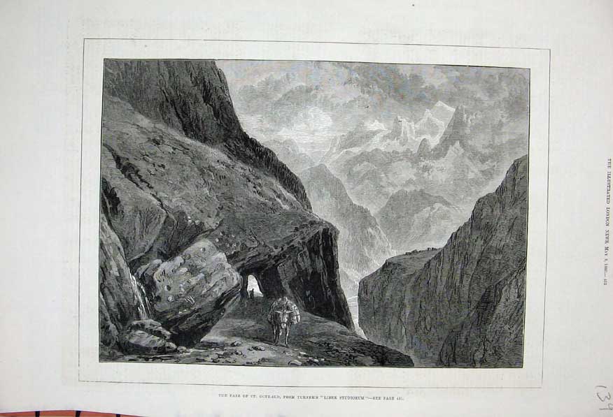 Original Old Antique Print 1880 Pass St Gothard Liber Studiorum Mountains Art
