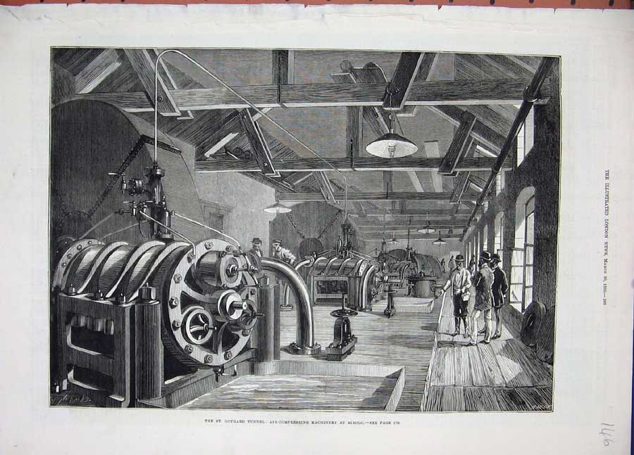 Original Old Antique Print 1880 St Gothard Tunnel Air-Comressing Machine Airolo