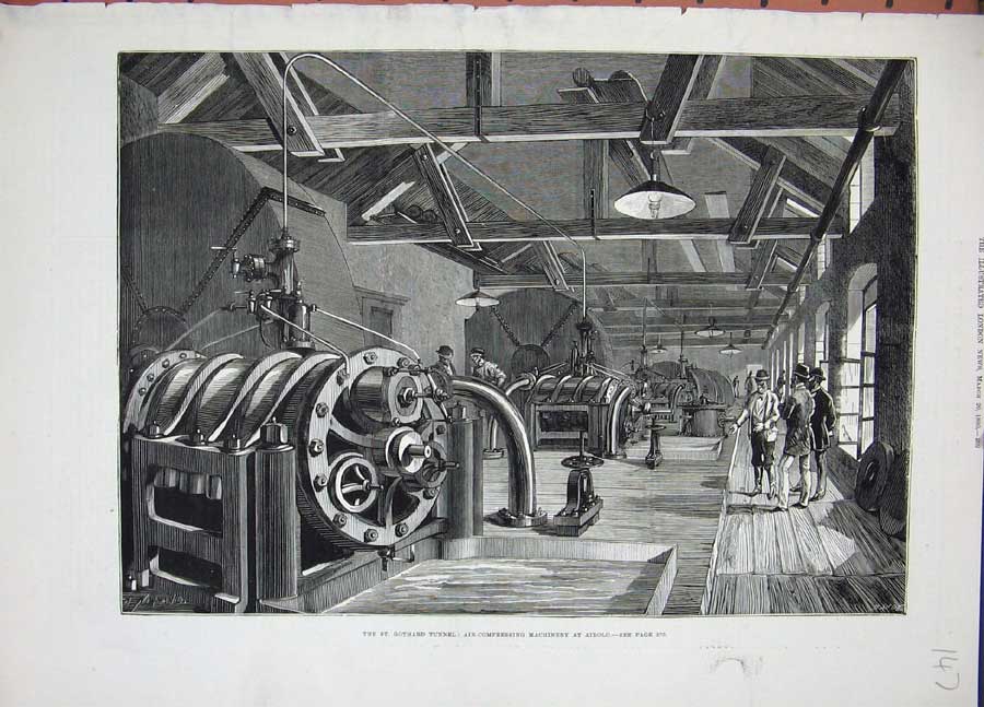 Antique Print Ref.967 1880 St Gothard Tunnel Air-Comressing Machine Airolo