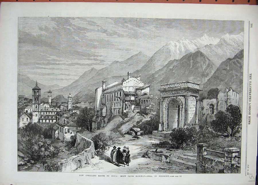 Original Old Antique Print 1869 Transport Mont Cenis Railway India Piedmont Art