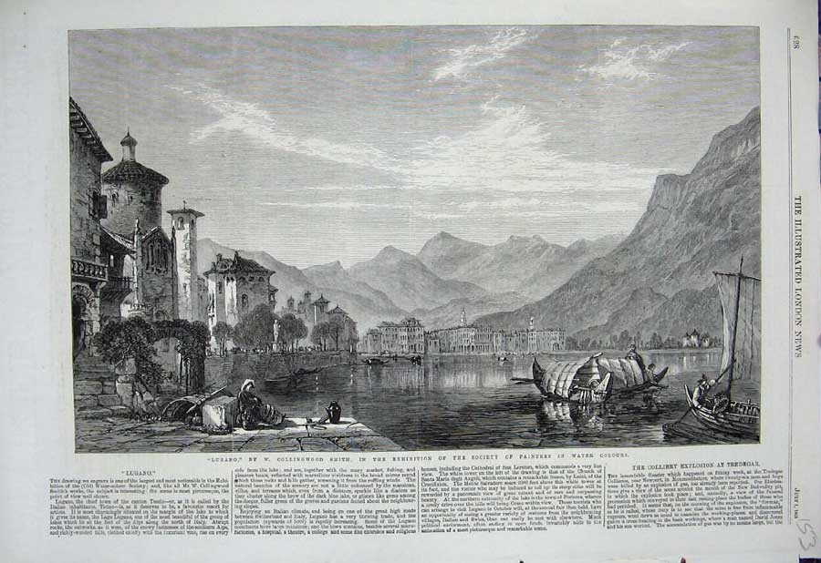 Old Antique Print Lugano Collingwood Fine Art 1865 Mountains Boat River 19th