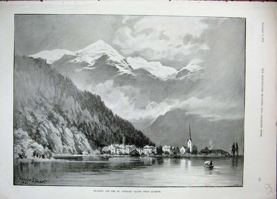 Old Antique Print 1891 Fluelen St Gothard Valley Lucerne Mountains Stuart 19th