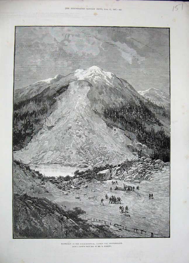 Old Antique Print 1887 Earthslip Schachenthal Canton Uri Switzerland Art 19th