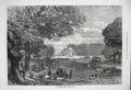Original Old Antique Print 1871 Chestnut Trees Bushey Park Fountain Lake Horses