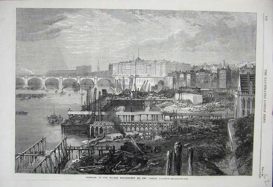 Old Antique Print Thames Embankment River London Temple Gardens 1865 Art 19th