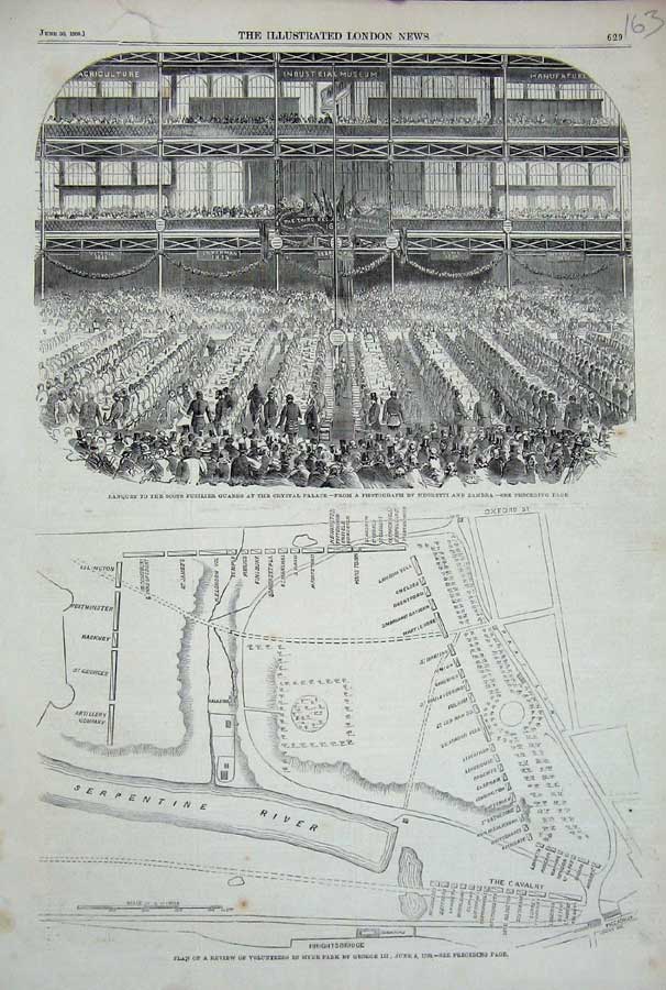 Original Old Antique Print 1860 Banquet Scots Fusilier Crystal Palace Plan Hyde