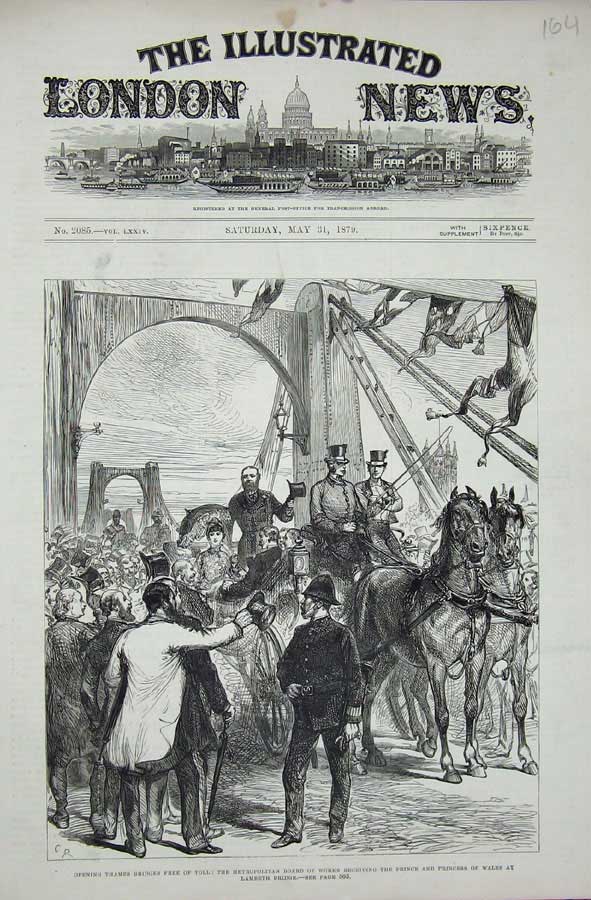 Old Antique Print 1879 London Thames Bridge Lambeth Prince Wales Police 19th