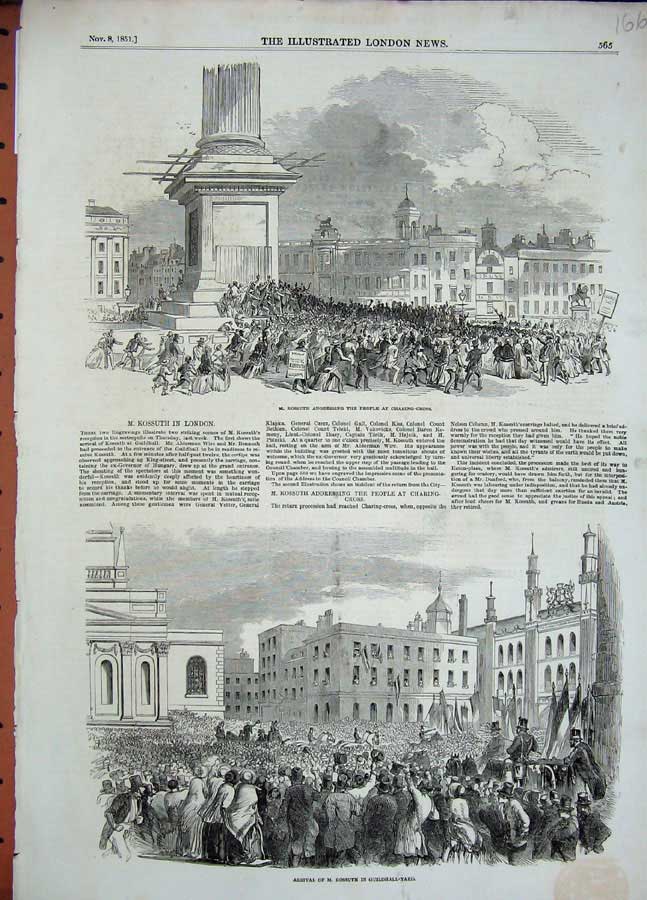 Original Old Antique Print 1851 Kossuth Charing-Cross London Guildhall-Yard Men