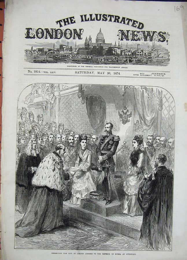 Original Old Antique Print 1874 City London Address Emperor Russia Guildhall