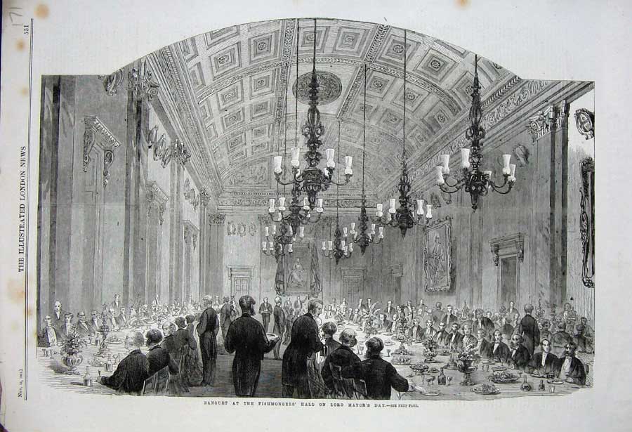 Original Old Antique Print Banquet Fishmongers Hall Lord Mayor 1861 Men Table