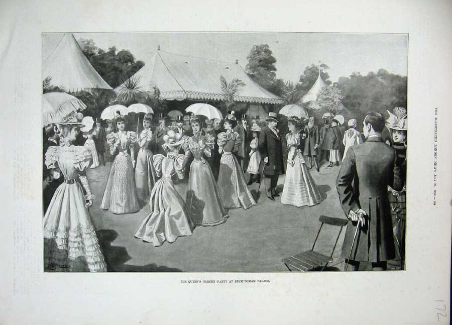 Original Old Antique Print 1896 Queen Garden Party Buckingham Palace London Art