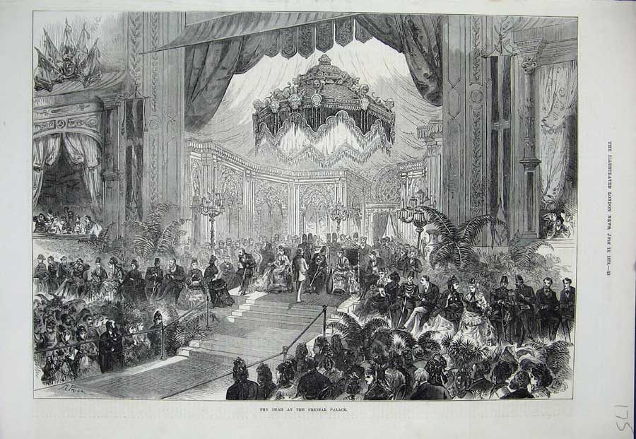 Original Old Antique Print 1873 Sha Crystal Palace Men Women Majesty Queen Art