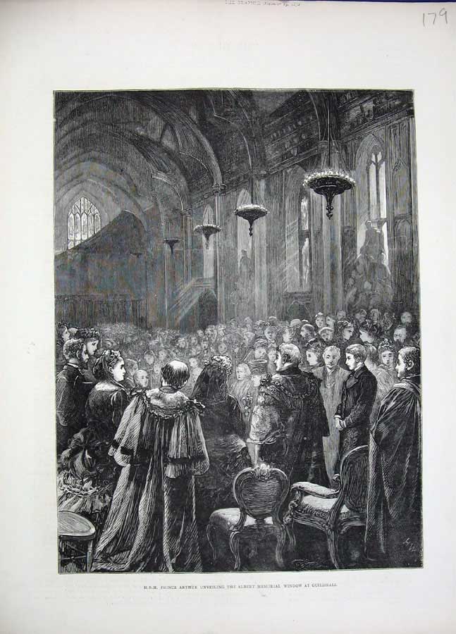 Original Old Antique Print 1870 Prince Arthur Albert Memorial Window Guildhall