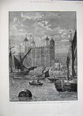 Old Antique Print 1883 Tower London White Buildings Ships Boat Fine Art 19th