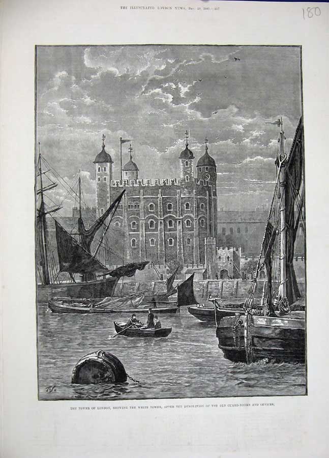 Old Antique Print 1883 Tower London White Buildings Ships Boat Fine Art 19th