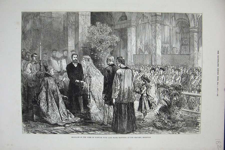 Original Old Antique Print 1877 Marriage Duke Norfolk Lady Hastings Brompton