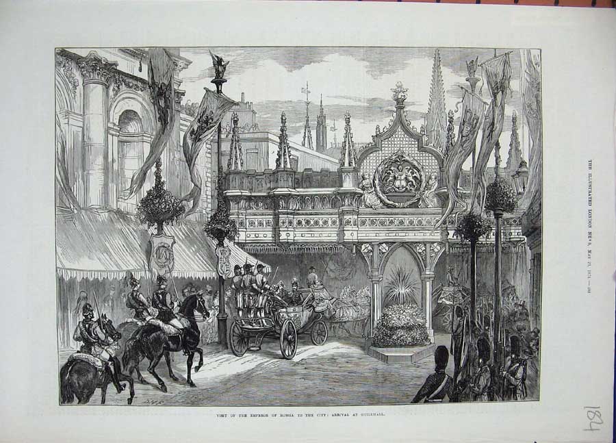 Old Antique Print 1874 Emperor Russia City Guildhall London Horses Coach 19th