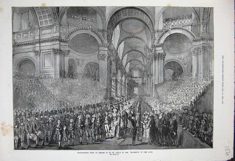 Original Old Antique Print 1872 Thanksgiving George St Pauls Cathedral Nave Art
