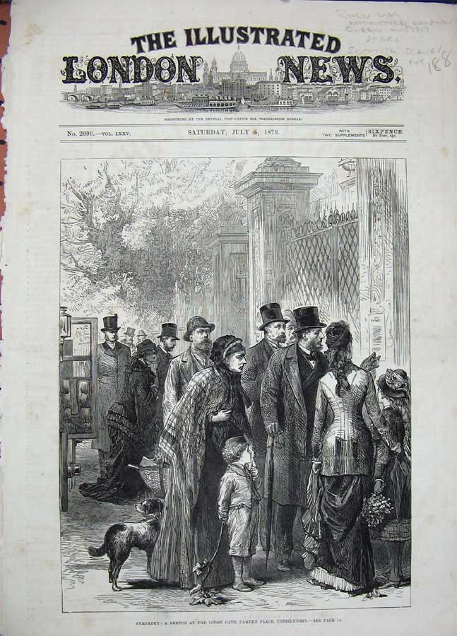 Original Old Antique Print 1879 Lodge Gate Camden Place Chiselhurst People Dog