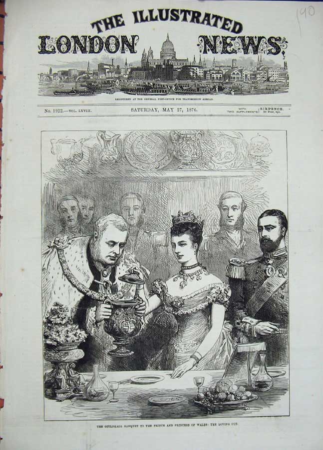 Old Antique Print Guildhall Banquet Prince Princess Wales Loving Cup 1876 19th