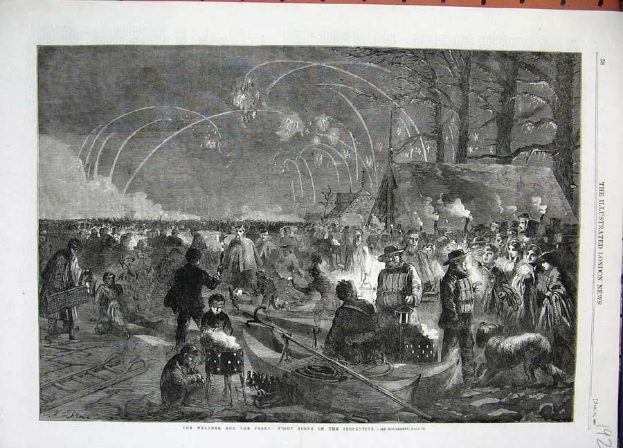 Old Antique Print 1861 Night Scene Serpentine Fireworks Torchlight Fire 19th