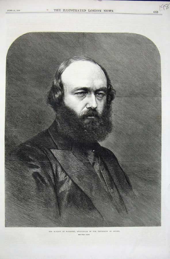 Original Old Antique Print 1870 Marquis Salisbury Chancellor University Oxford