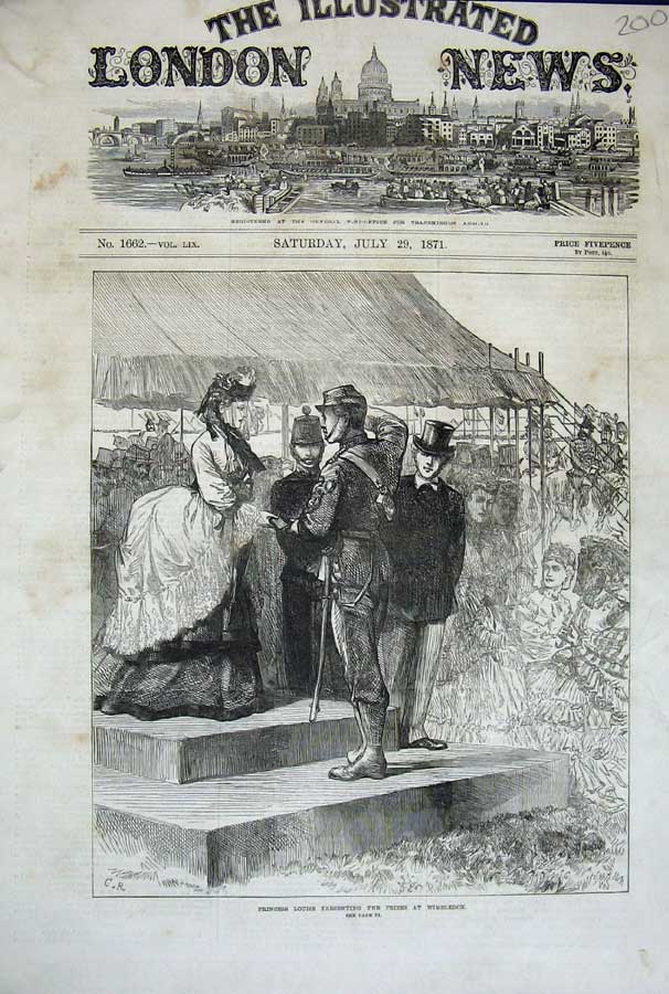 Old Antique Print 1871 Princess Louise Presenting Prizes Wimbledon Royal 19th