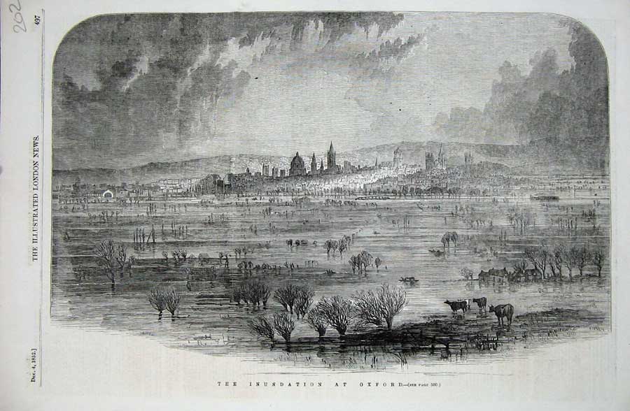 Original Old Antique Print 1852 Inundation Floods Oxford Trees Buildings 19th