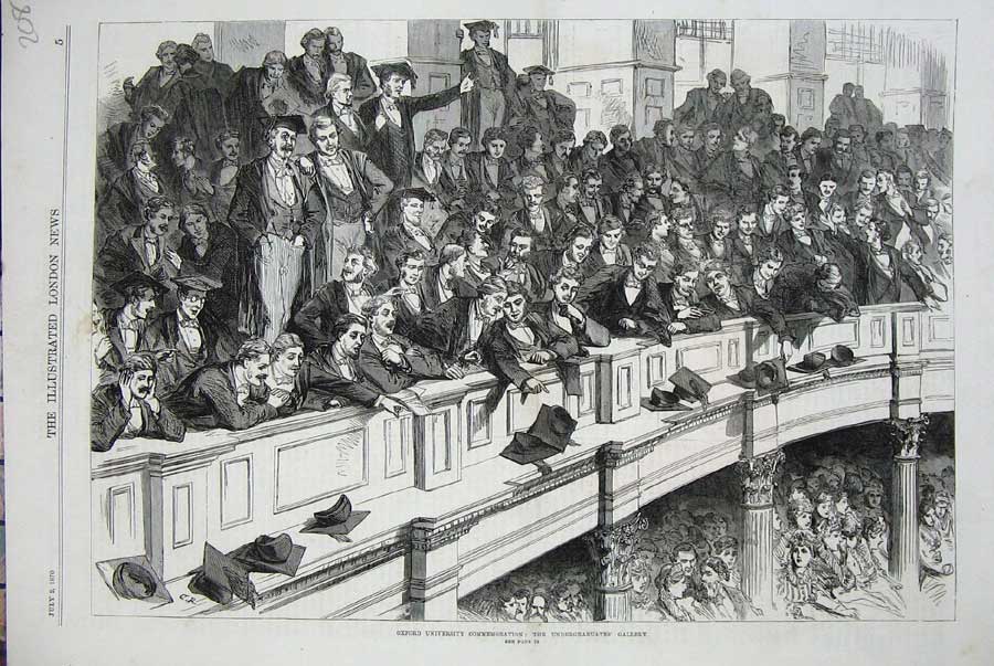 Old Antique Print 1870 Oxford University Commemoration Gallery Students 19th