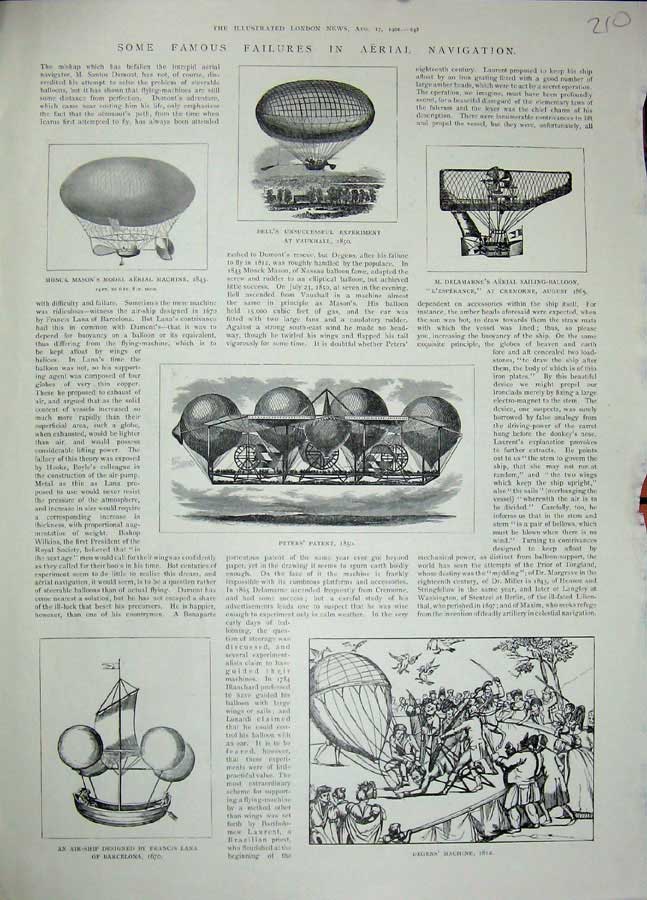Old Antique Print 1901 Aerial Navigation Monck Mason Air-Ship Degen Lana 20th
