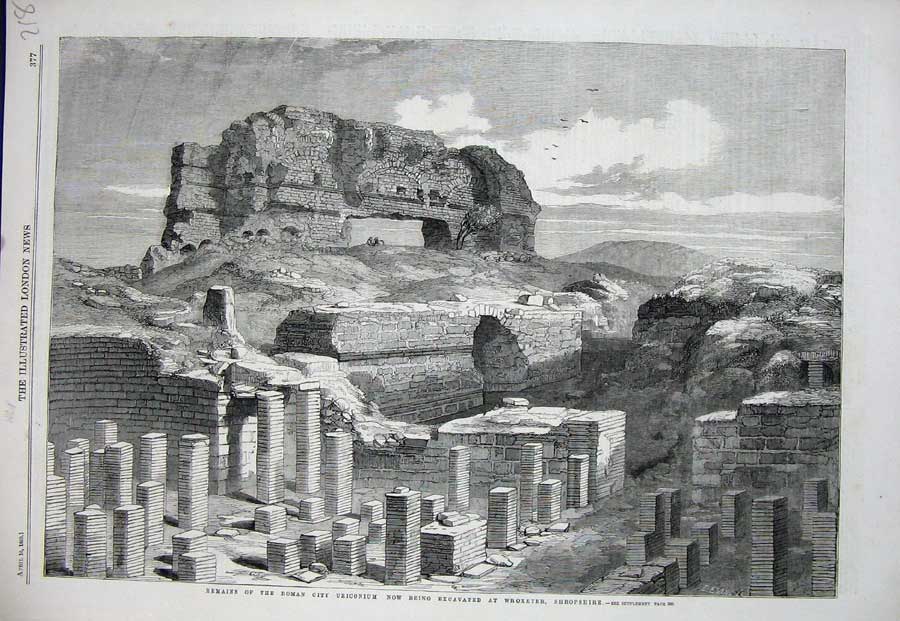Old Antique Print 1859 Remains Roman City Uriconium Wroxeter Shropshire 19th