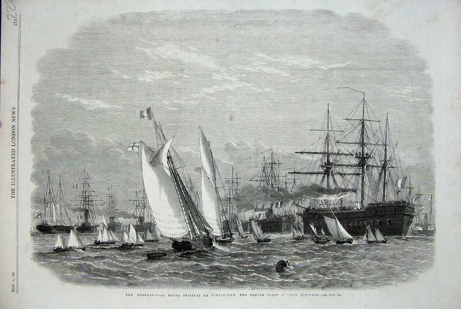 Original Old Antique Print 1865 Naval Festival Portsmouth French Ships Spithead