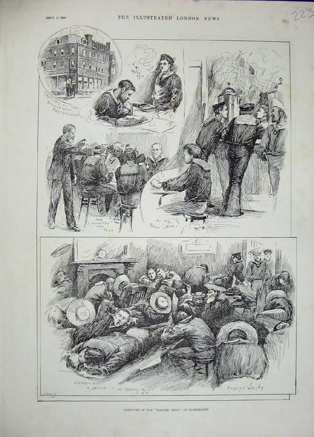Original Old Antique Print 1890 Sailors Rest Portsmouth War Army People Sketch
