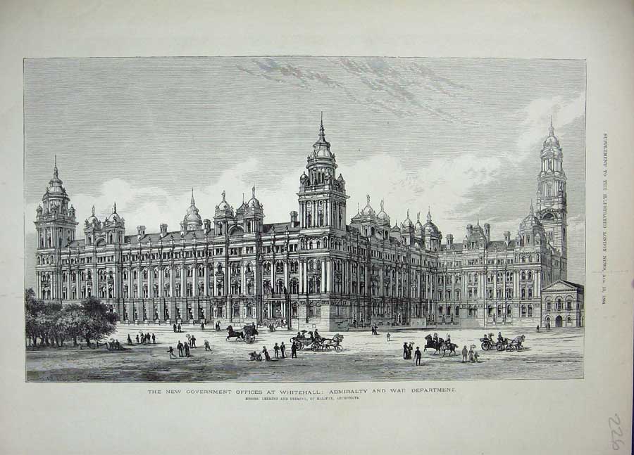 Original Old Antique Print Admiralty War Department 1884 Government Whitehall