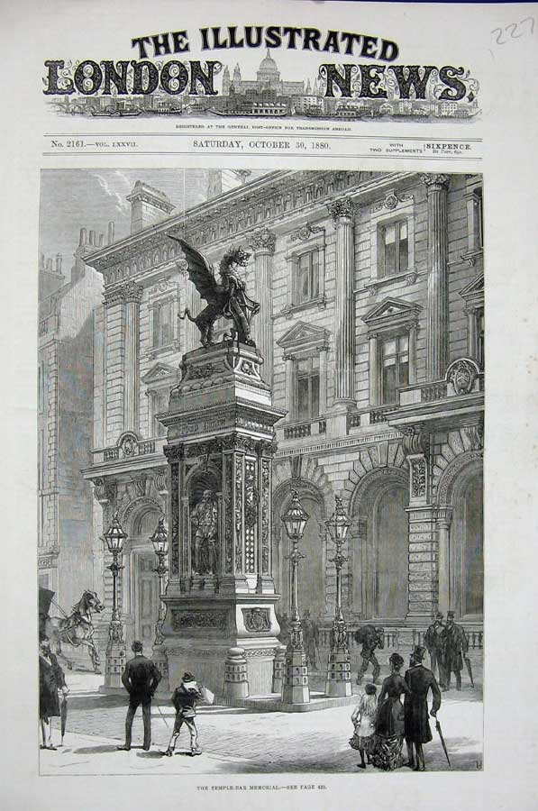 Original Old Antique Print 1880 Temple Bar Memorial Monument People London Art
