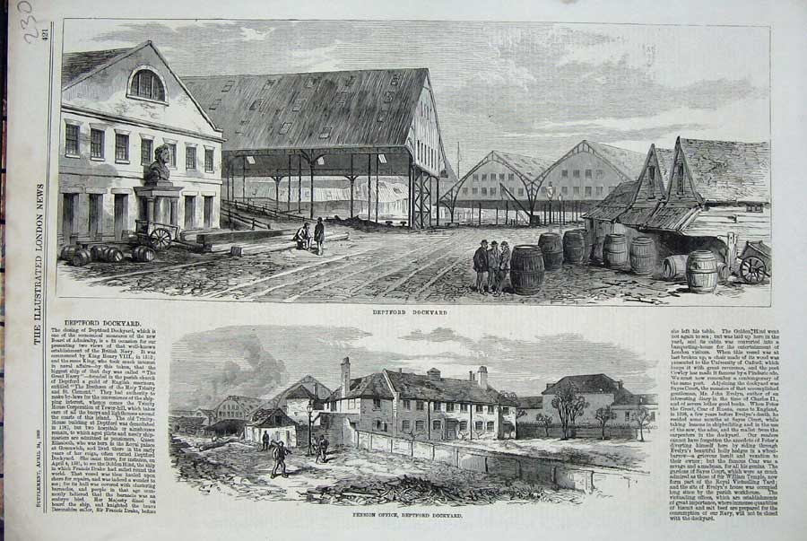 Original Old Antique Print 1869 Deptford Dockyard Pension Office Building 19th