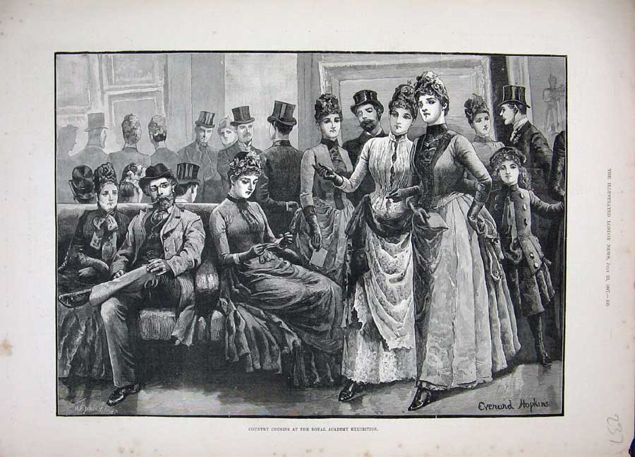 Old Antique Print 1887Men Women Royal Academy Exhibition Fine Art Hopkins 19th