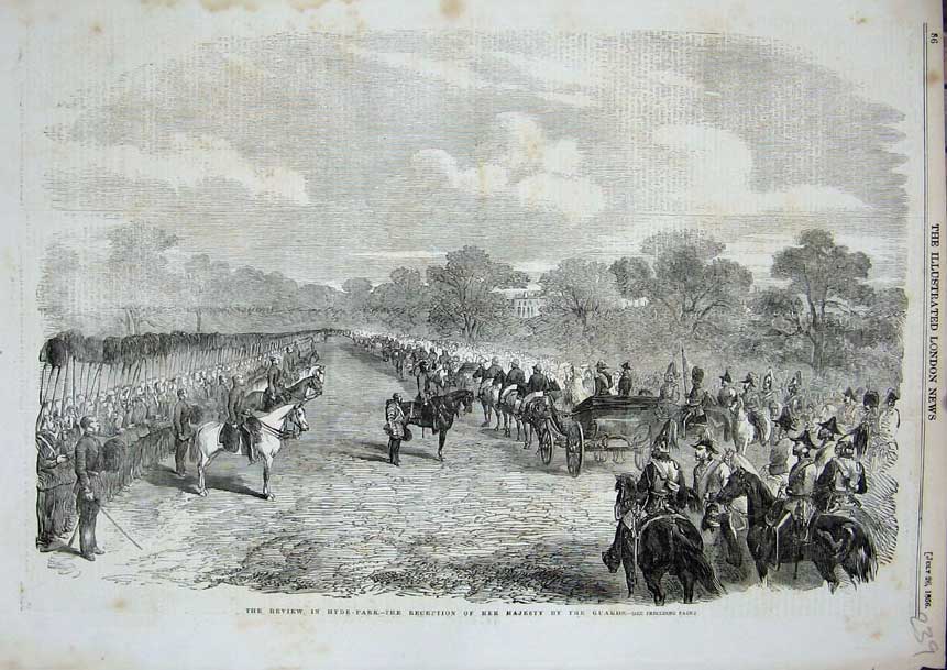 Original Old Antique Print 1856 Hyde Park Review Siers Queen Guards Horses 19th