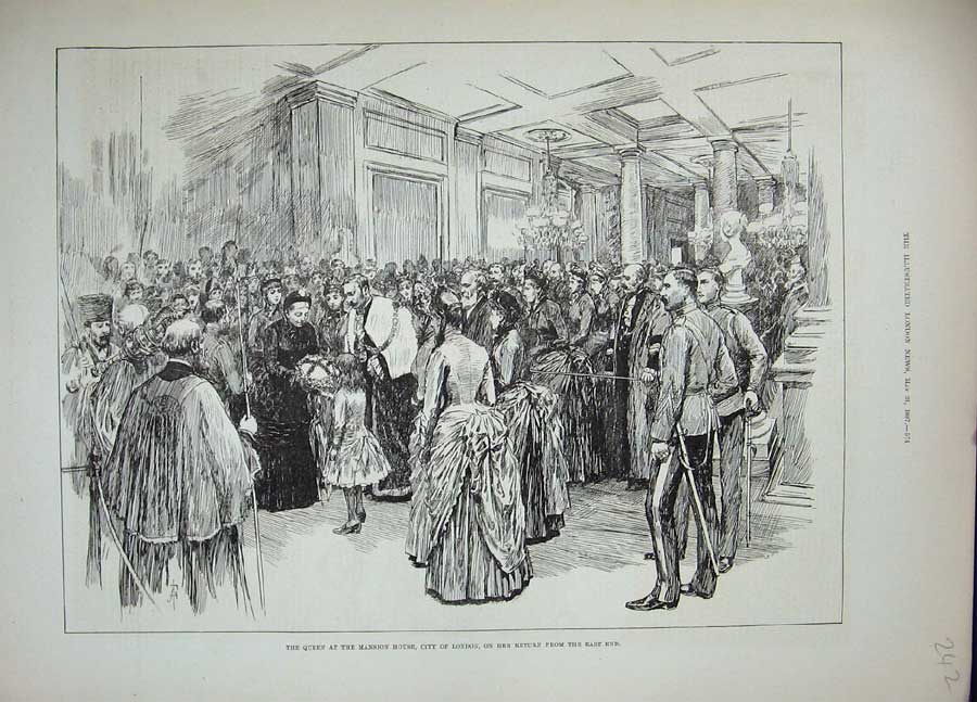 Original Old Antique Print Queen Mansion House London 1887 Royalty Siers People