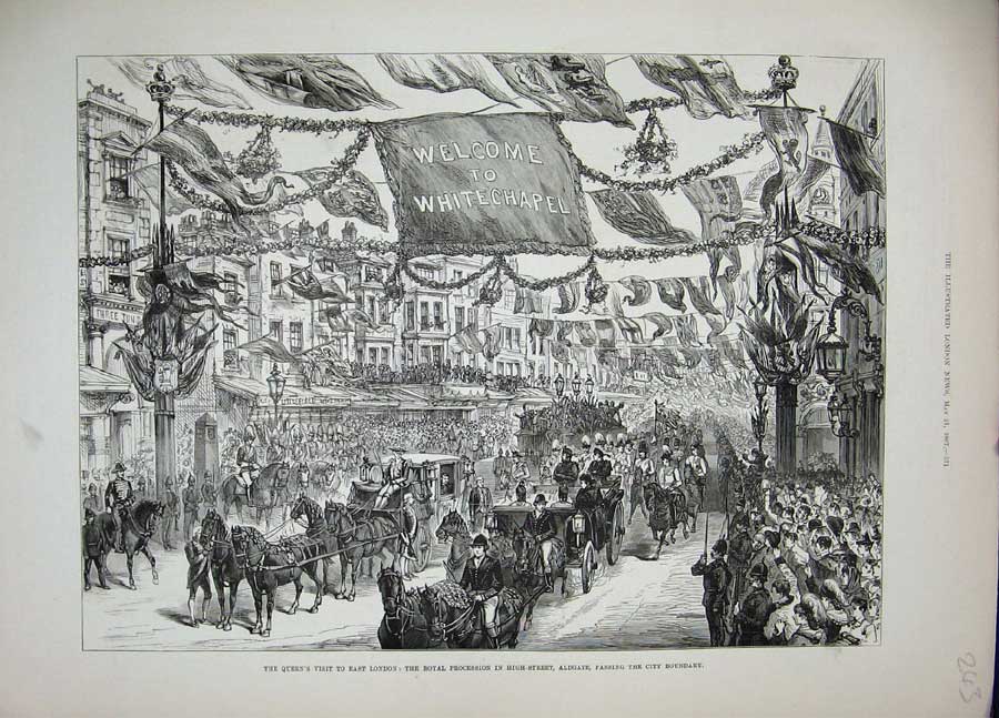 Original Old Antique Print 1887 Queen London Procession Aldgate Horse Carriage