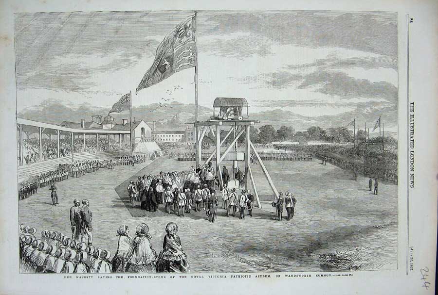 Old Antique Print 1857 Queen Foundation Stone Victoria Asylum Wandsworth 19th